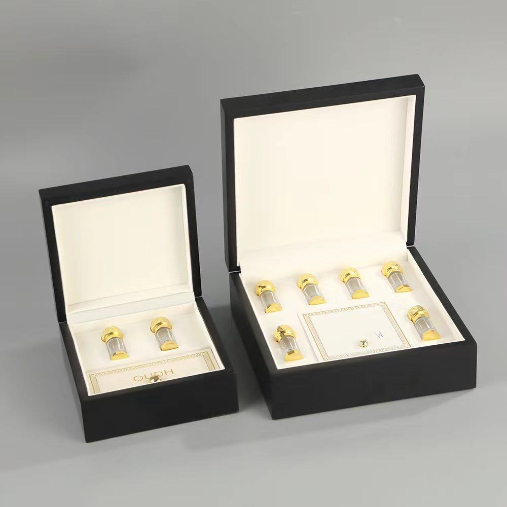 300 pieces Wooden Box Gift Cosmetic Attar Oud Oil Zamac cap Glass Bottle Perfume Box with glass stick