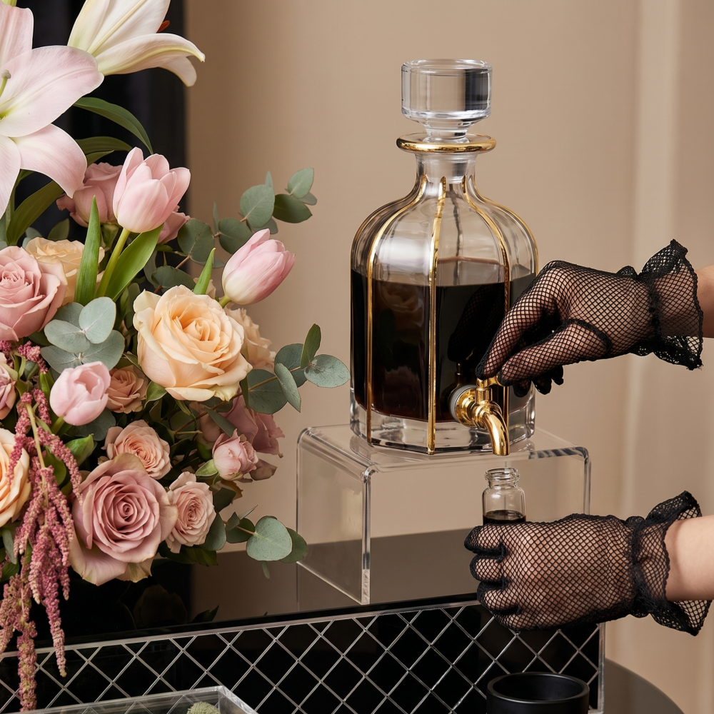 640 ml Hand Draw Real Gold Line Luxury Oud Oil Display Glass botttle Decanter with Faucet